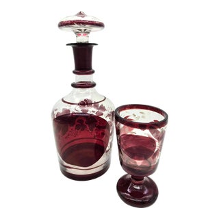 Mid 20th Century Bohemian Style Ruby Red Crystal Decanter & Goblet, Set of 2 Pieces For Sale