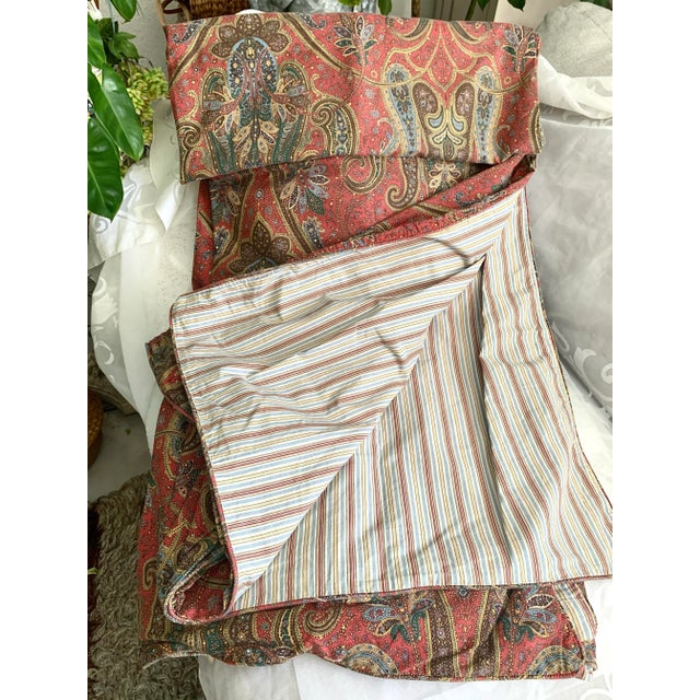1990s Vintage Ralph Lauren Vaneau Paisley Red Duvet Cover Full Queen Reversible to Stripes . Approximately 95” X 90” For Sale - Image 5 of 12