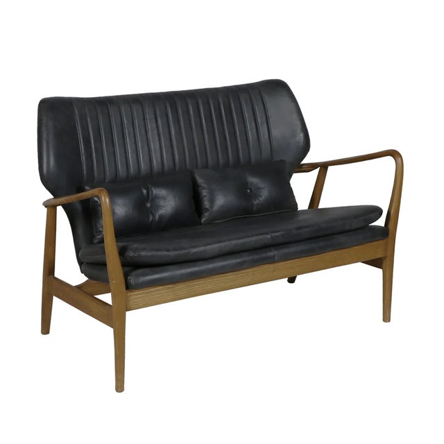 Mid-Century Modern Matthew Izzo Home Helsinki Slate Leather Love Seat For Sale - Image 3 of 3