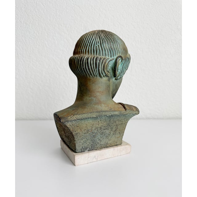 1950s Verdigris Plaster Bust of Apollo on Stone Base For Sale In Sacramento - Image 6 of 12