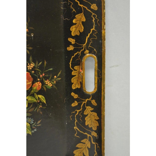 Antique French Country Tole Metal Hand Painted Floral Large Serving Platter Tray For Sale - Image 9 of 15