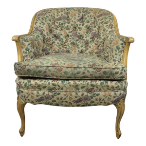 French Provincial Style Club Chair With Tufted Seat Back and Vintage Floral Upholstery