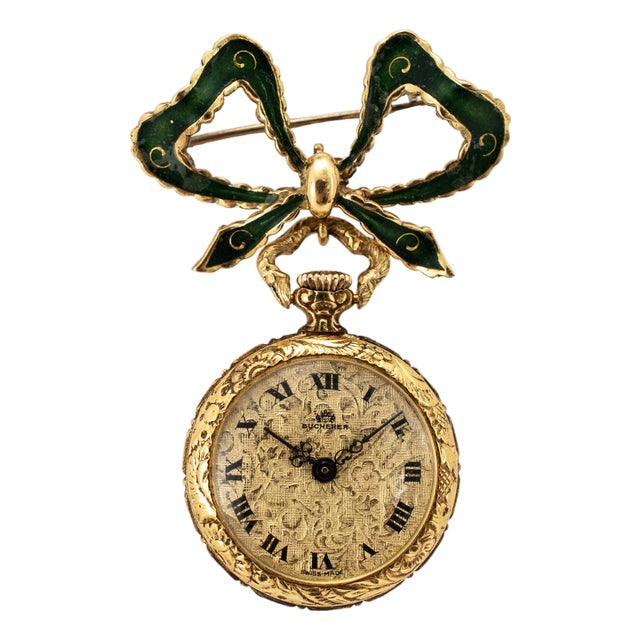 Ladies Art Nouveau Bucherer Lapel 18k Gold Enamel Bow Pin Vintage Pocket Watch For Sale