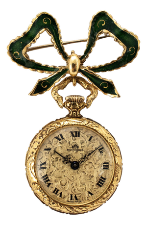 Ladies Art Nouveau Bucherer Lapel 18k Gold Enamel Bow Pin Vintage Pocket Watch