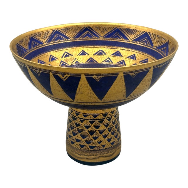 1990s Mary Rich Gilded Footed Porcelain Bowl – Blue & Gold Studio Pottery, Signed For Sale