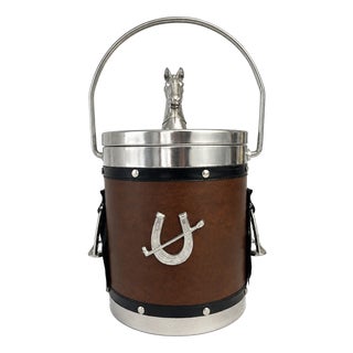 English Equestrian Horse Ice Bucket in Dark Brown Faux Leather, 1970s For Sale