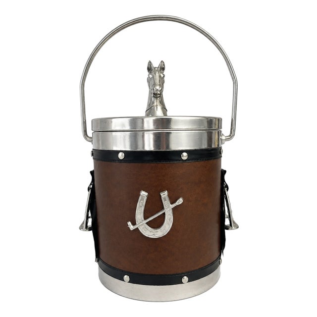 English Equestrian Horse Ice Bucket in Dark Brown Faux Leather, 1970s For Sale
