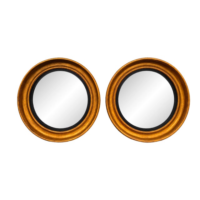 Pair of 44" Friedman Brothers Bullseye Parcel-Gilt Round Wall Mirrors With Ebonized Inner Liners For Sale