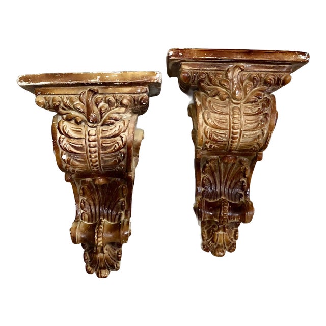 1930s Italian Late Renaissance Style Ornate Plaster Corbels - Set of 2 For Sale