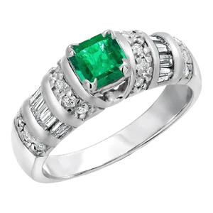 Vintage Emerald Shaped Emerald Baguette Round Diamond 14k White Gold Ring Size 6