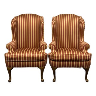 Late 20th Century Striped Upholstered Wingback Chairs- A Pair For Sale