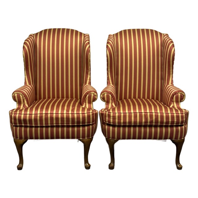 Late 20th Century Striped Upholstered Wingback Chairs- A Pair For Sale