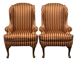 Late 20th Century Striped Upholstered Wingback Chairs- A Pair