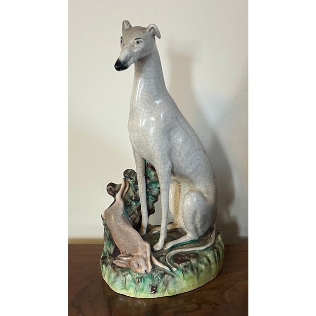 Very Large Antique 19th Century English Staffordshire Pottery Dog Figure of a Greyhound or Whippet and Hare or Rabbit For Sale - Image 9 of 16