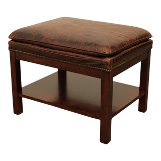 Distressed Brown Leather Wood Frame Ottoman For Sale