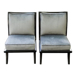 Pair Mid-Century Modern/Art Deco Ebonized Lounge Chairs With Velvet Upholstery For Sale