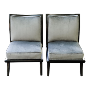 Pair Mid-Century Modern/Art Deco Ebonized Lounge Chairs With Velvet Upholstery