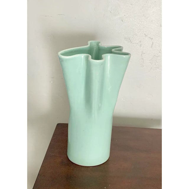 Trendy mint green color modern ceramic scalloped vase - beautiful with our without flowers One side is flat, the other has...