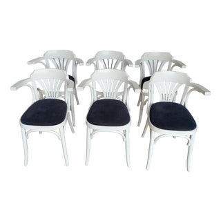 Vintage White Bentwood Dining Chairs with Blue Fabric Seats, 1970s, Set of 6 For Sale