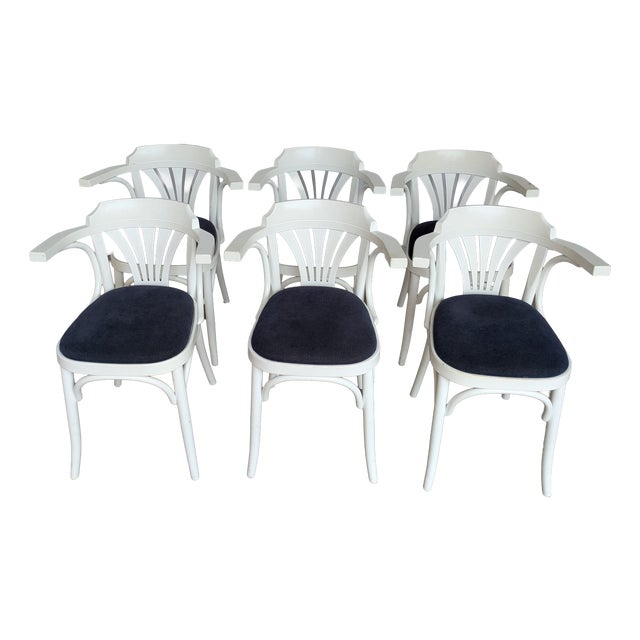 Vintage White Bentwood Dining Chairs with Blue Fabric Seats, 1970s, Set of 6 For Sale