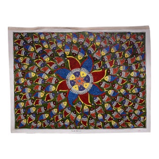 Abundance of Life – Original Hand-Painted Madhubani Fish Painting by National Award Winner Mamta Devi For Sale