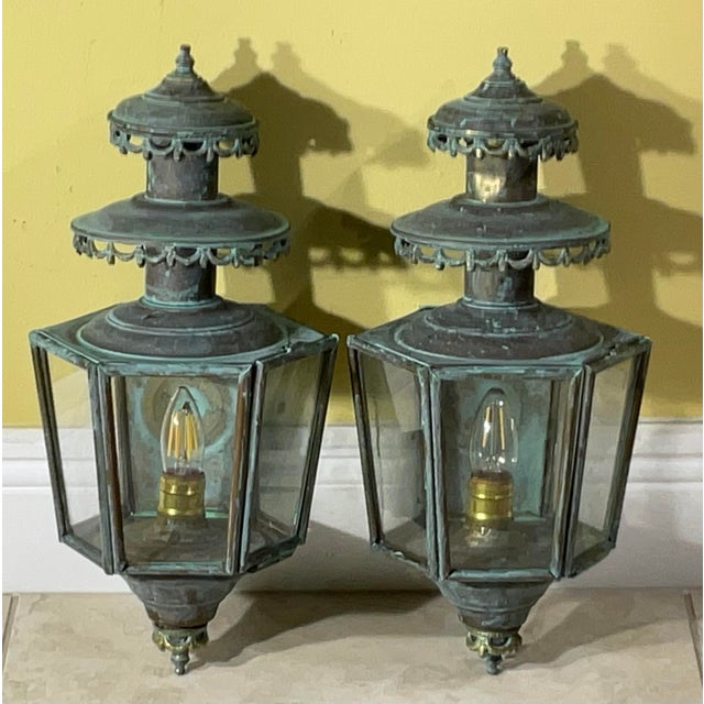 Antique/Vintage Pair of Solid Brass Patina Exterior Wall Lanterns / Sconces For Sale - Image 15 of 18