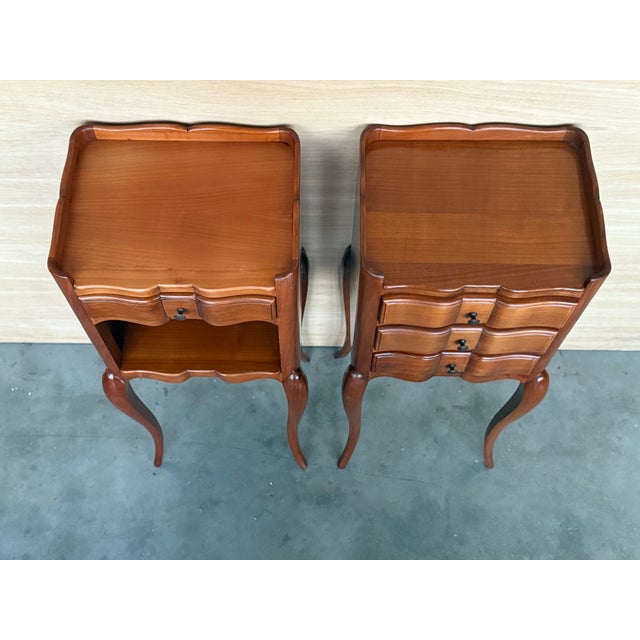 Wood Pair of French Walnut Narrow Bedside Tables With Three Drawers For Sale - Image 7 of 17
