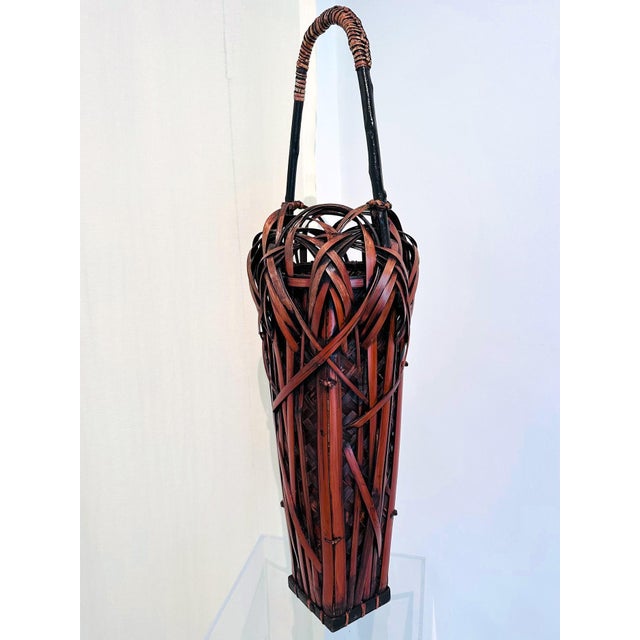 Red Tall Japanese Sooted Bamboo Ikebana Floor Basket Mingei Meiji Taisho Period For Sale - Image 8 of 12