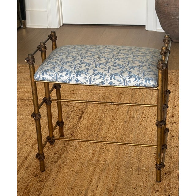 Vintage Gilt Rope Metal Vanity Stool in Fortuny Richelieu Fabric For Sale - Image 11 of 18