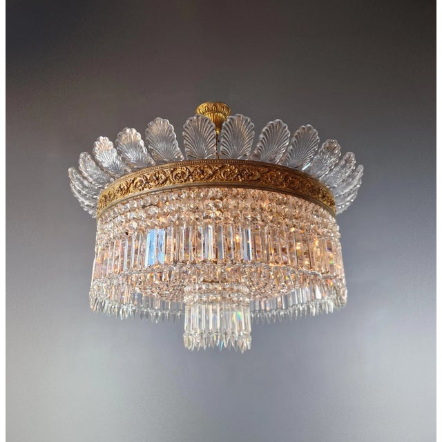1930s Art Nouveau Big Leaf Plafonnier Crystal Brass Lustre Chandelier For Sale - Image 6 of 11