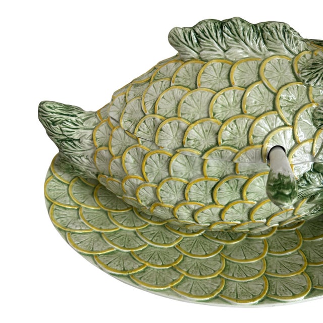 Mediterranean Vintage Italian Majolica Vegetable Fish Form Glazed Ceramic Soup Tureen With Platter For Sale - Image 3 of 9