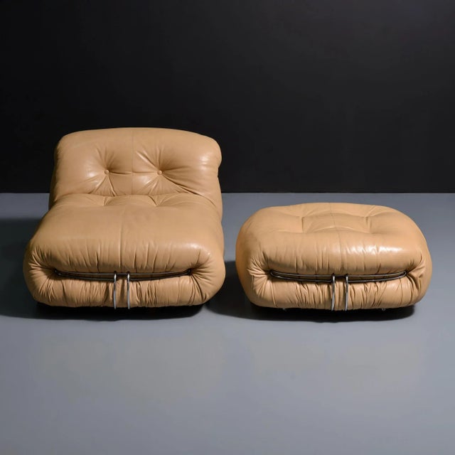Cassina Vintage Soriana Lounge Chair & Ottoman by Afra & Tobia Scarpa in Leather, 1970 For Sale - Image 4 of 8