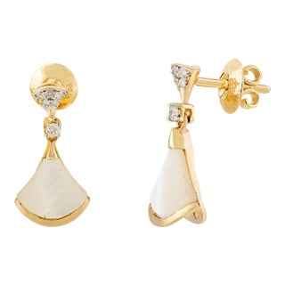 18k Yellow Gold Fan Shape Mother of Pearl and Diamond Dangle Earrings- 2 Pieces For Sale