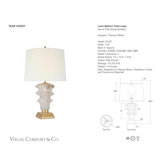 Thomas O'Brien by Visual Comfort Signature Luxor Medium Table Lamp in Alabaster and Hand-Rubbed Antique Brass with Linen...