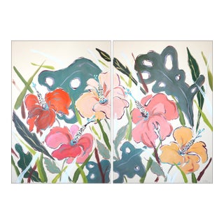 2026, Illustration Style Diptych of Hibiscus Oasis, Tropical Painting on Watercolor Paper by Romina Milano For Sale