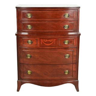 Federal Inlaid Mahogany Bow Front Highboy Dresser by National Furniture, Circa 1960s For Sale