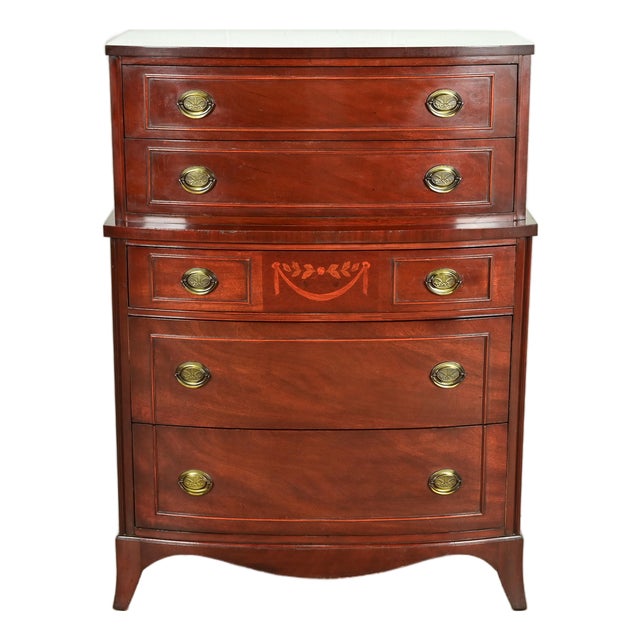 Federal Inlaid Mahogany Bow Front Highboy Dresser by National Furniture, Circa 1960s For Sale