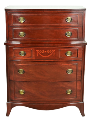 Federal Inlaid Mahogany Bow Front Highboy Dresser by National Furniture, Circa 1960s