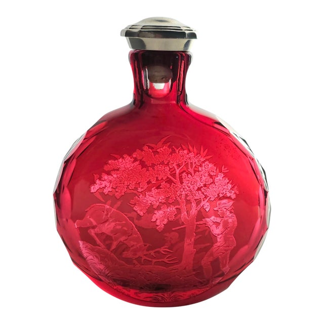 Early 20th Century Saint Louis Ruby Red Crystal Hunting Scene Flask — Stag & Geese Engraving 6.5" For Sale