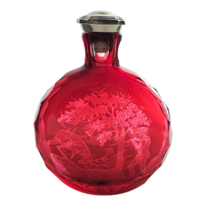 Early 20th Century Saint Louis Ruby Red Crystal Hunting Scene Flask — Stag & Geese Engraving 6.5"
