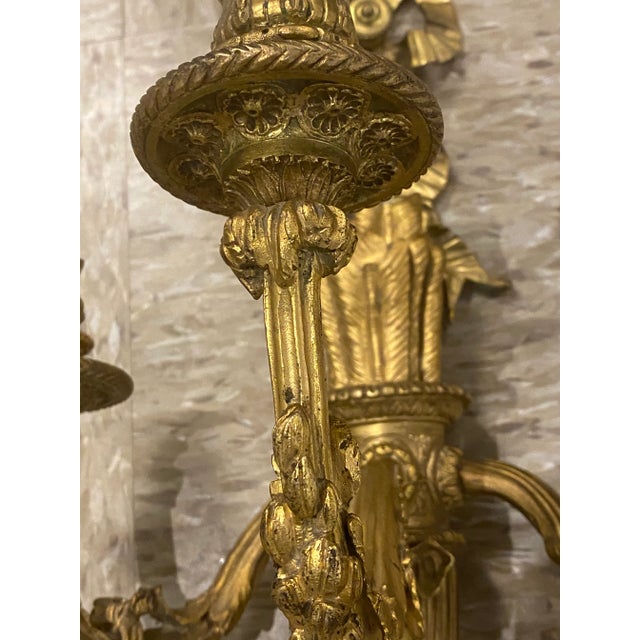 Bronze 1900 Gilt Bronze Caldwell Sconces With Ribbons 3 Lights For Sale - Image 8 of 10