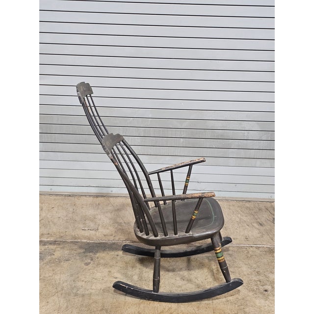 Wood Antique Windsor Hitchcock Style Rocking Arm Chair Black Finish Bench Made For Sale - Image 7 of 9