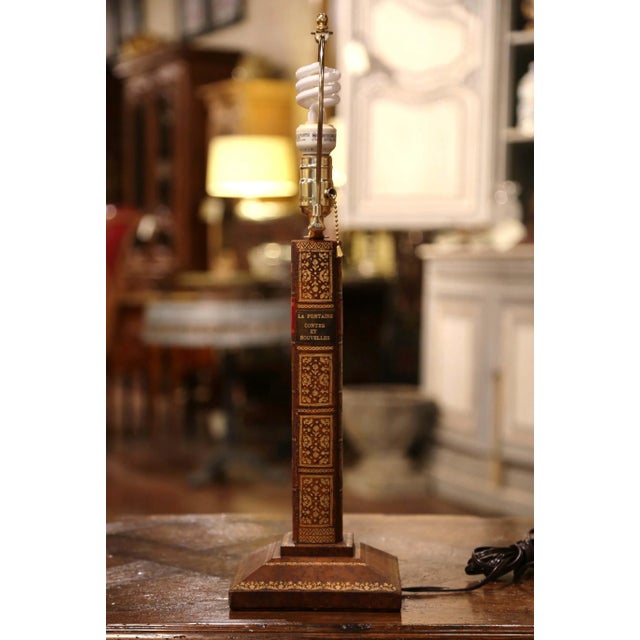 Mid-Century French Leather Faux Book Table Lamp With Shade For Sale In Dallas - Image 6 of 10