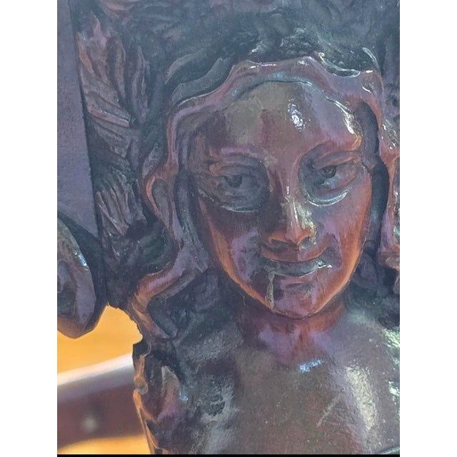 Vintage Carved Round Wood French Accent Table Figural With Floral Inlay Marquerty & Ornate Carved Base Neo Classical For Sale - Image 4 of 9