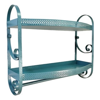 1970s Vintage Boho Chic Atomic Style Metal Bathroom Wall-Mounted Shelf With Towel Bar For Sale