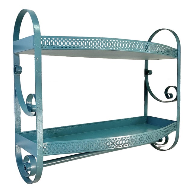 1970s Vintage Boho Chic Atomic Style Metal Bathroom Wall-Mounted Shelf With Towel Bar. For Sale