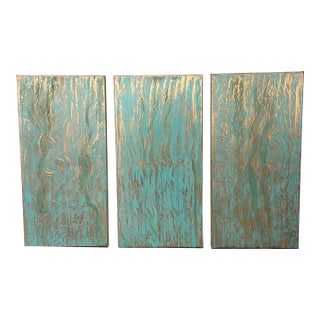 Zen Turquoise Waterfall Triptych Canvas Art, Designed by Cheryl P. Kohloff For Sale