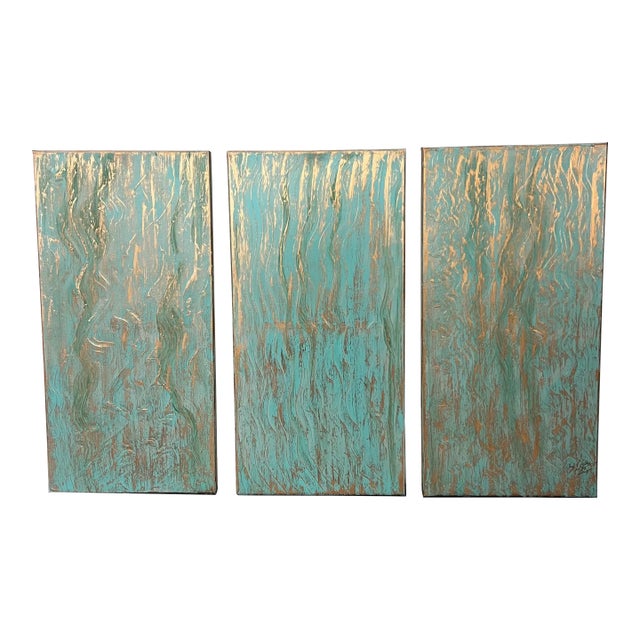 Zen Turquoise Waterfall Triptych Canvas Art, Designed by Cheryl P. Kohloff For Sale