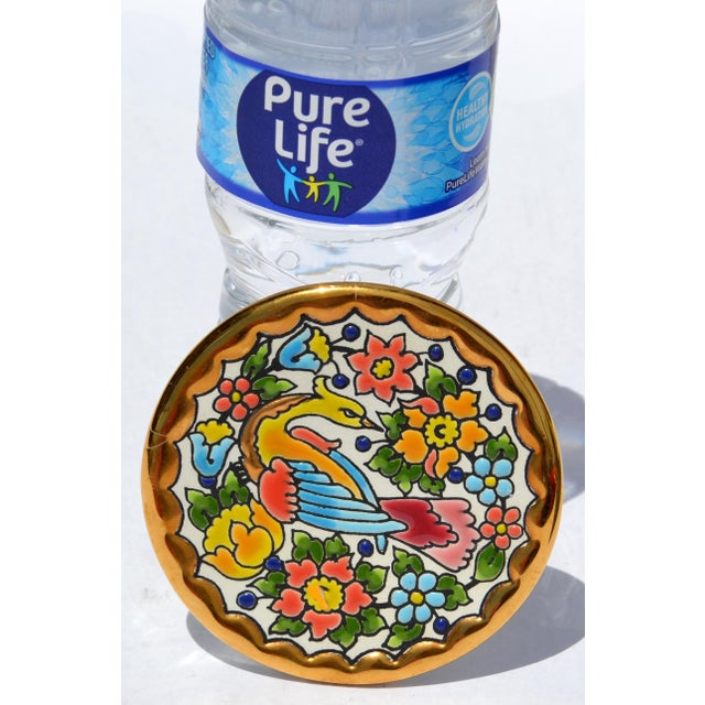 Ceramic Vintage Handmade Spanish Coaster 3.75 Inch 24k Gold Exotic Bird Floral Design Majolica For Sale - Image 7 of 12