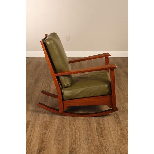 Early Rare Antique Stickley Brothers Arts And Crafts Inlaid Peacock Rocking Chair For Sale - Image 16 of 18
